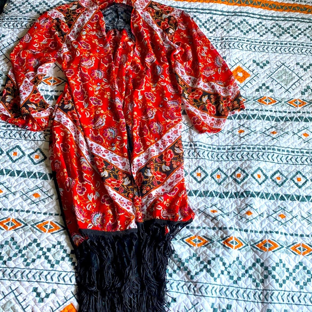 Xhiliration Sheer tassel lace kimono cover up cardigan XS